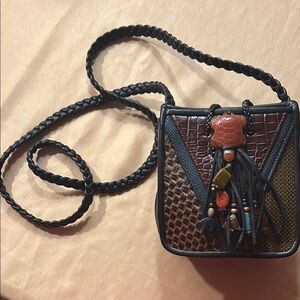 Leather Multicolor Patchwork Crossbody Bag w/Jade Figures Front and Back